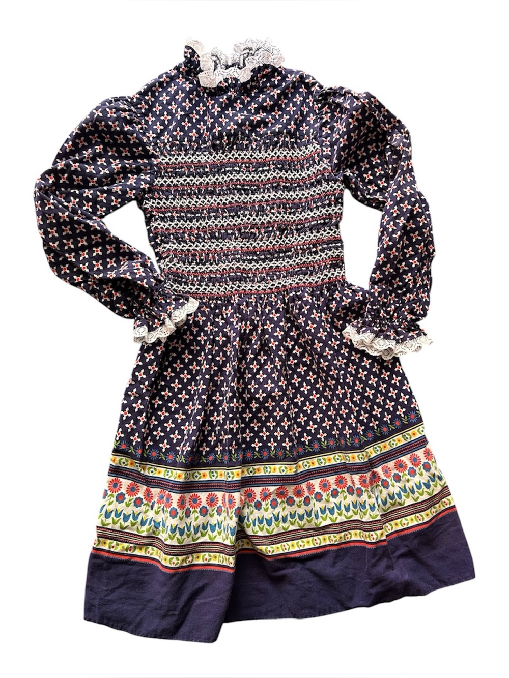 Vintage Girls Navy Floral Smocked Long-Sleeve Dress